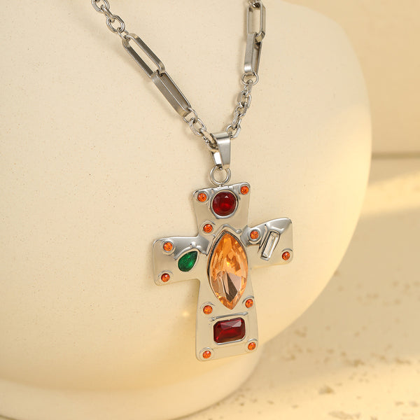 Jesus Cross Silver Brown Multi Gemstone Stainless Steel Anti Tarnish Pendant Chain Necklace For Women Main image