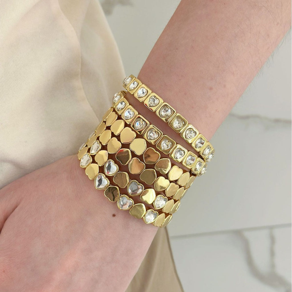 Heart Stretchable Gold Plated CZ Anti Tarnish Brass Bracelet Wholesale