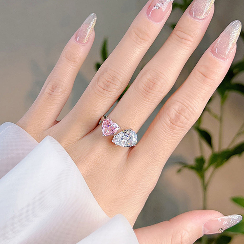Pink White Heart Pear Cubic Zirconia Copper Adjustable Ring For Bulk