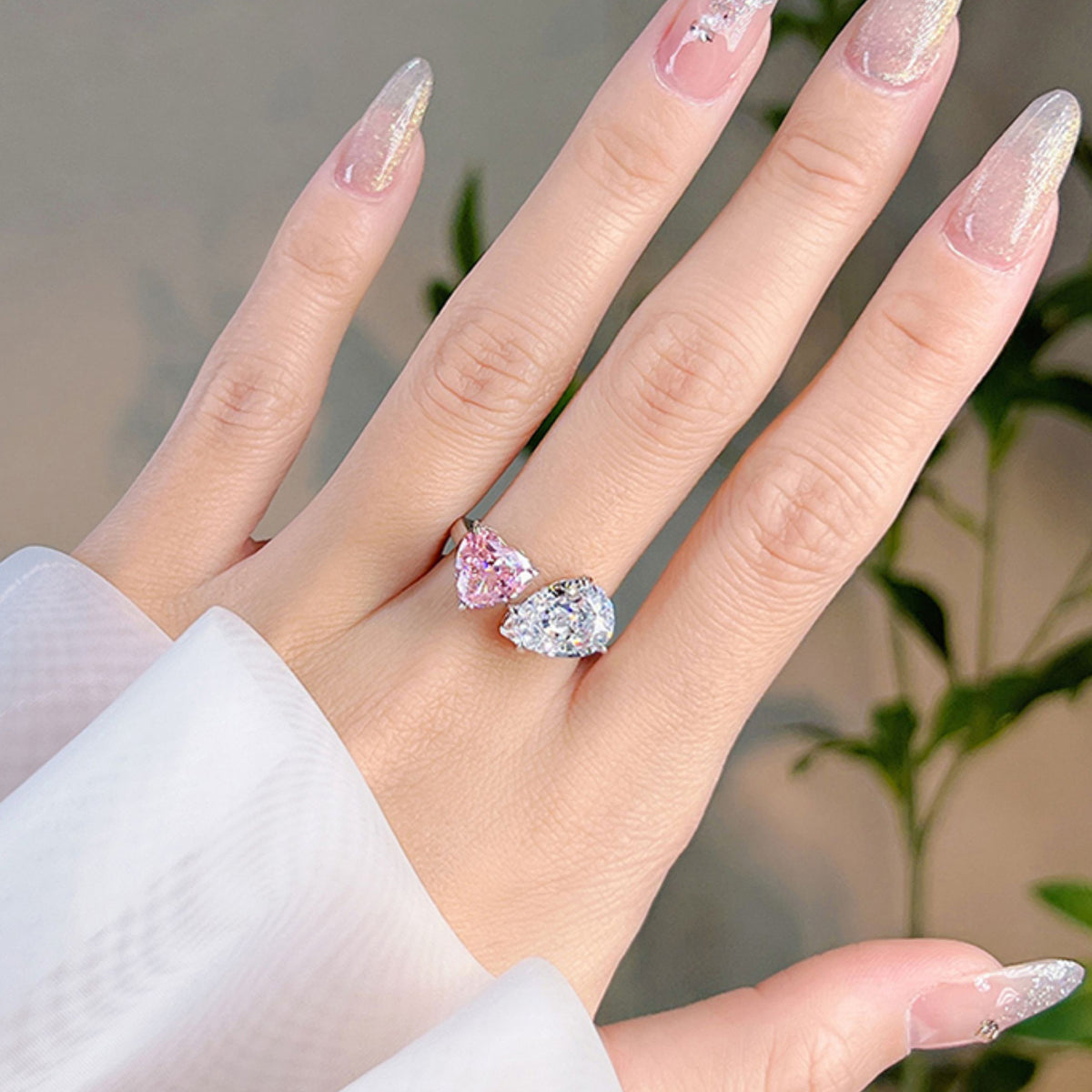 Pink White Heart Pear Cubic Zirconia Copper Adjustable Ring For Bulk
