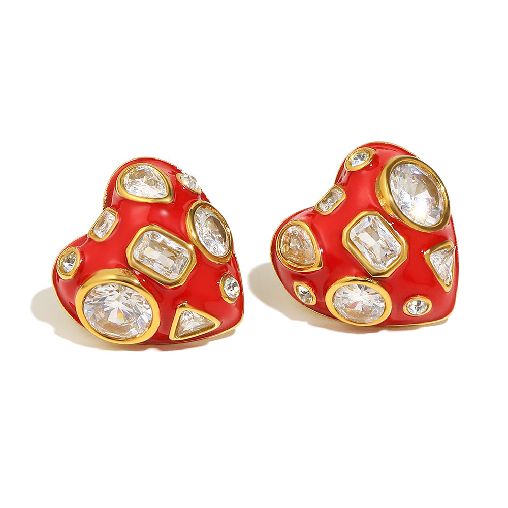 Heart Red 18K Gold Cubic Zirconia Stainless Steel Stud Earring Bulk