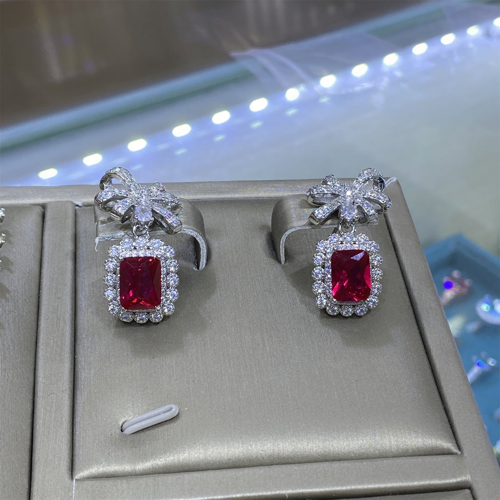 Ruby Red Emerald Cut CZ Silver Plated Copper Necklace Combo Set Bulk
