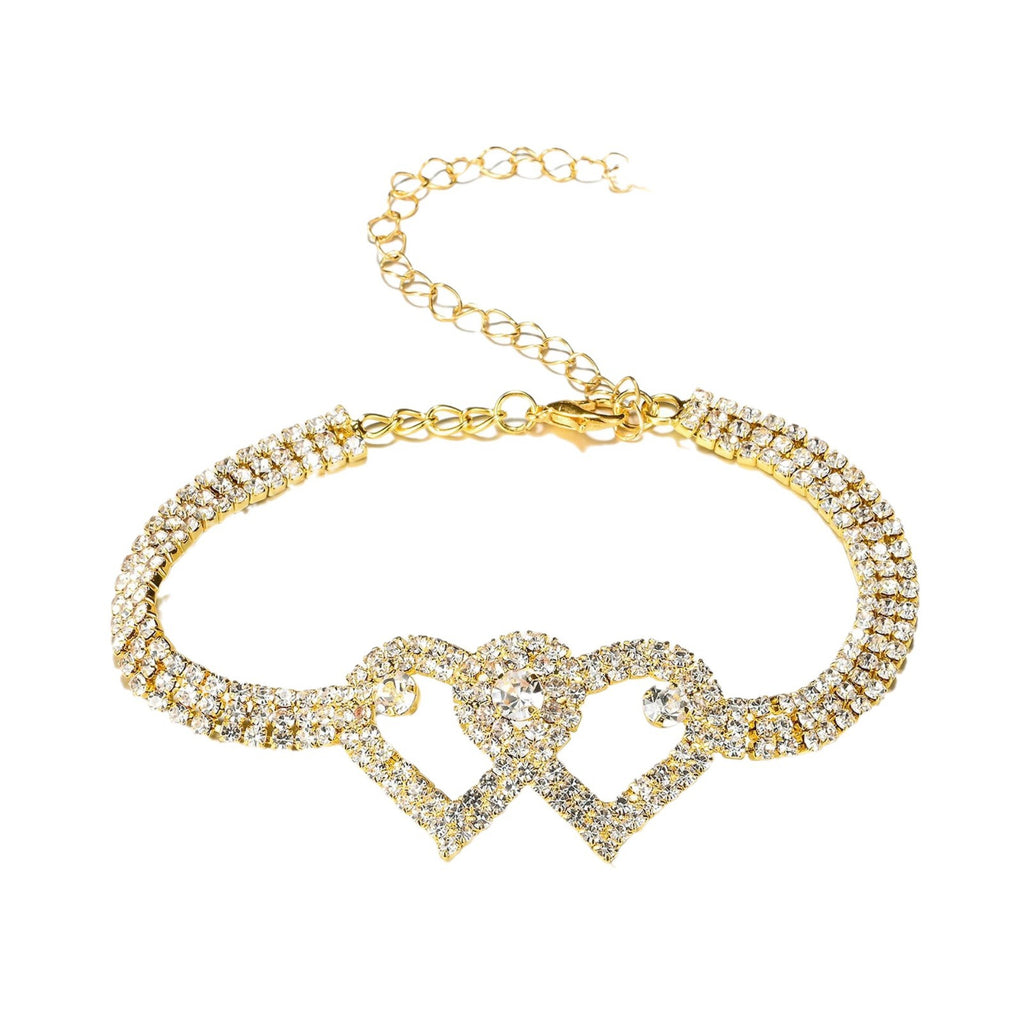 Dual Heart Studded Cubic Zirconia Silver Gold Anti Tarnish Anklet Bulk
