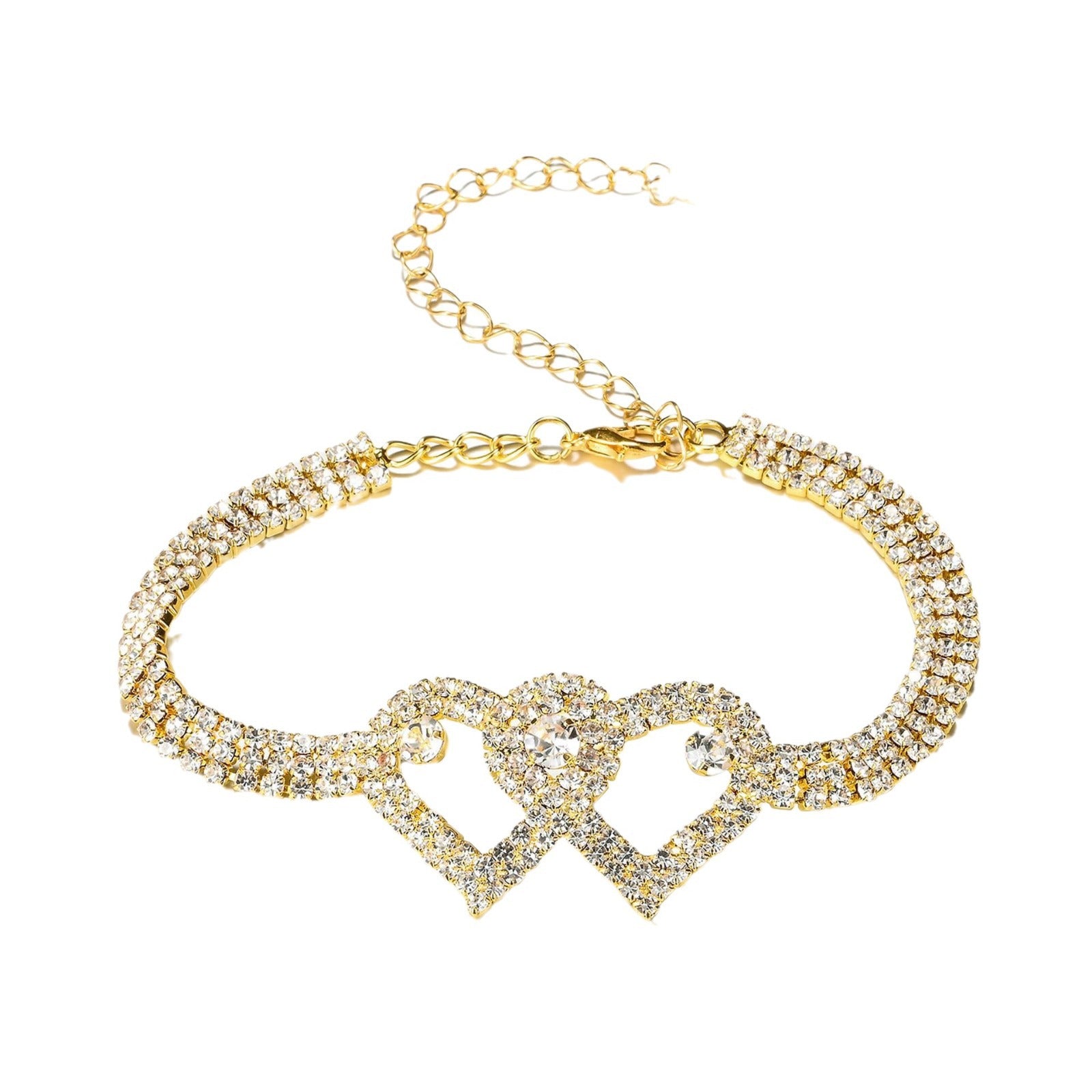 Dual Heart Studded Cubic Zirconia Silver Gold Anti Tarnish Anklet Bulk