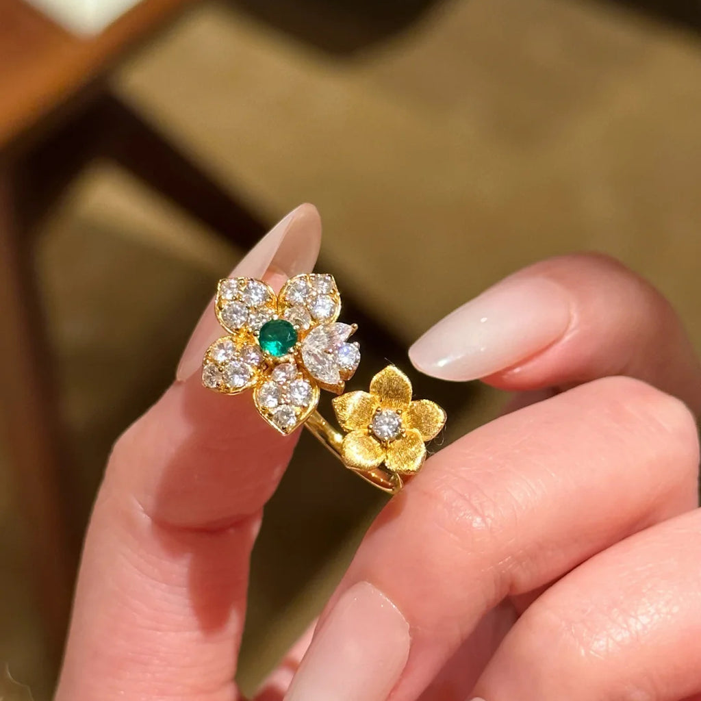 Gold Flower Cubic Zirconia Copper Anti Tarnish Adjustable Ring Women Bulk