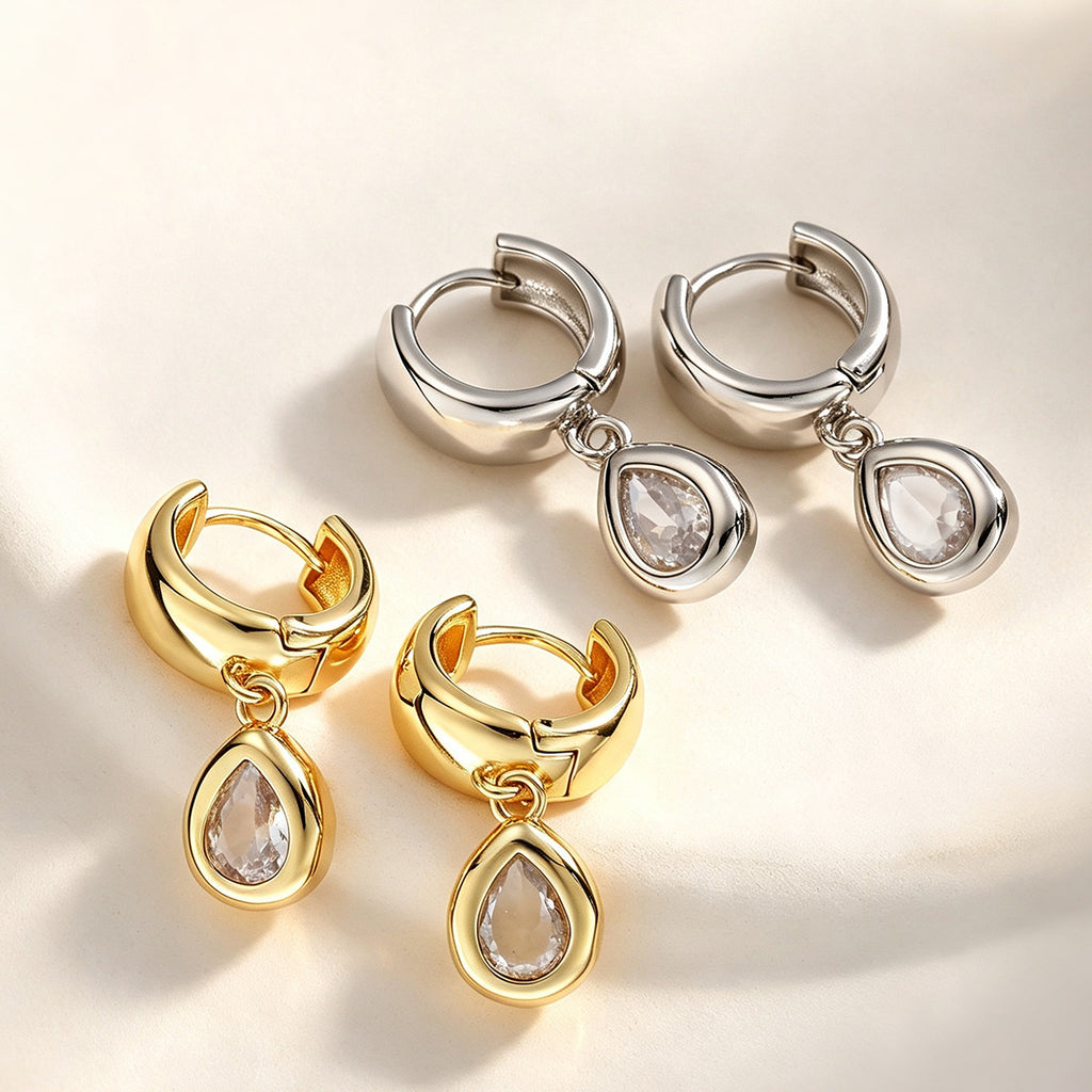 Gold Silver Huggie Teardrop Cubic Zirconia Copper Drop Earrings Women Bulk
