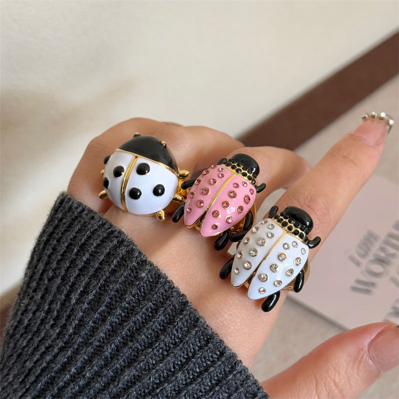 Beetle Black Pink Enamel Crystal Free Size Ring For Women Bulk