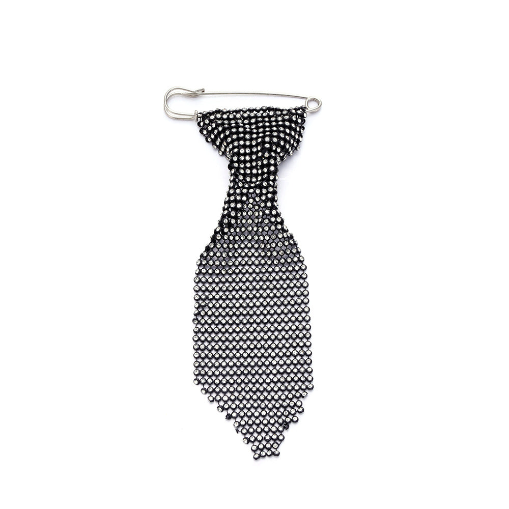 Designer Black Rhinestone Crystal Silver Plated Tie Shape Brooch Bulk