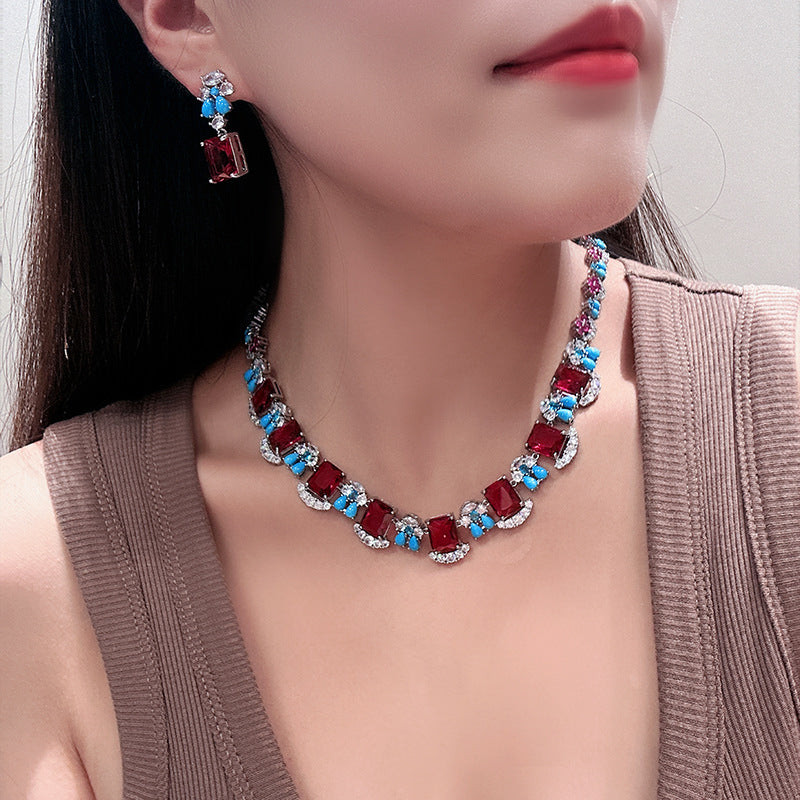Square CZ Crystal Ruby Red Blue Silver Necklace Earring Set Bulk