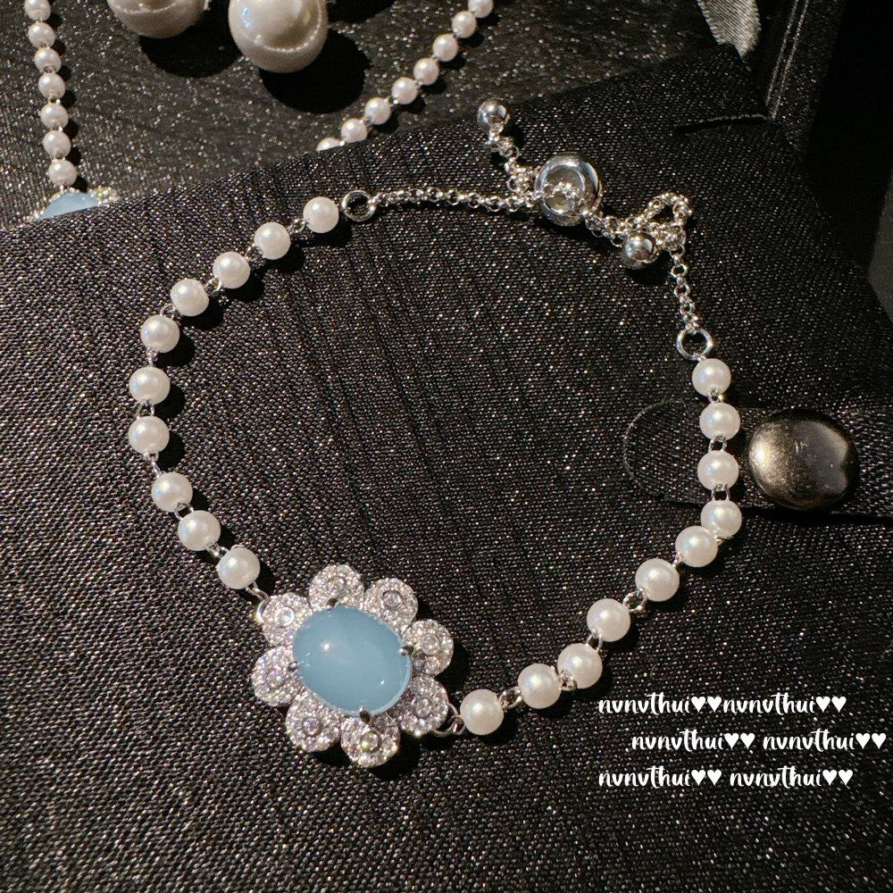 Bulk Blue Flower Silver Plated Cubic Zirconia  Bracelet For Women