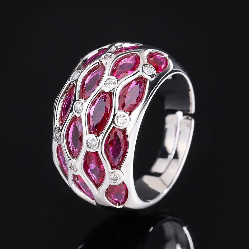Oval Silver Maroon White Cubic Zirconia Crystal Free Size Ring Bulk