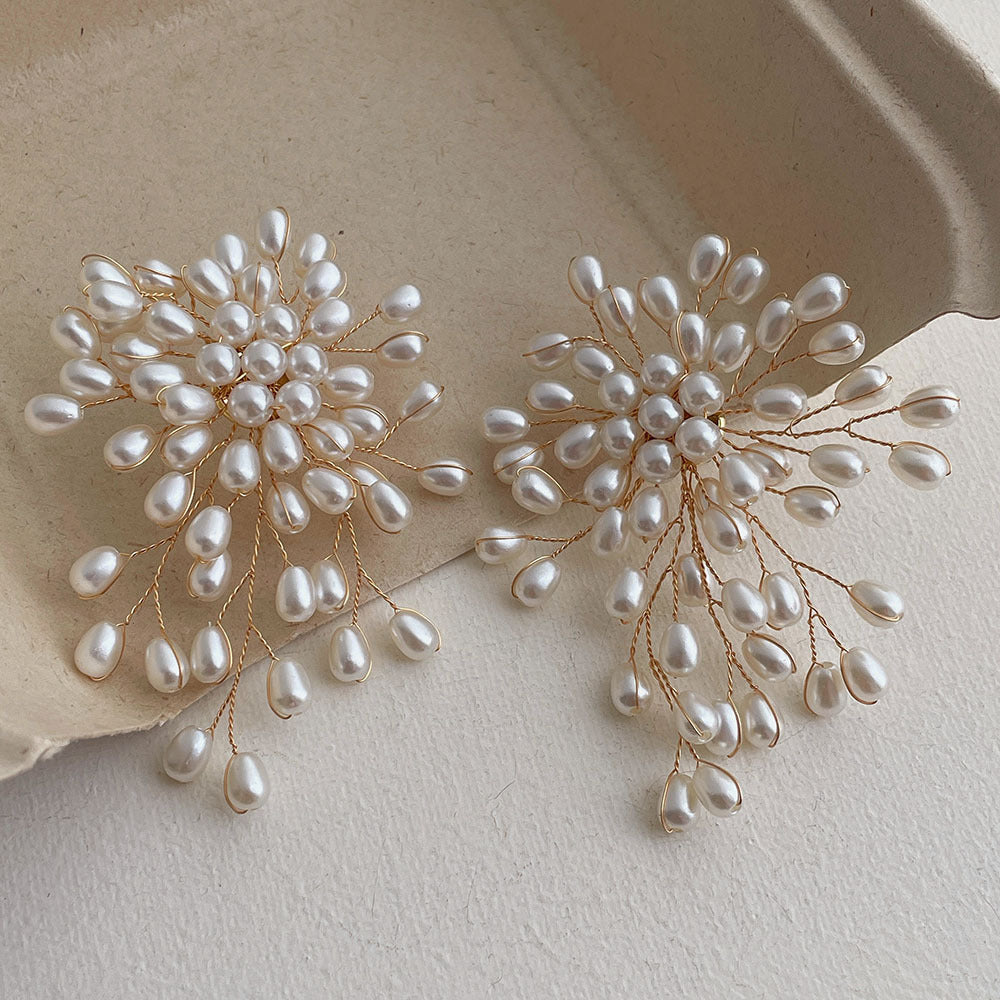 White Designer Floral Teardrop Gold Pearl Copper Drop Earrings Bulk
