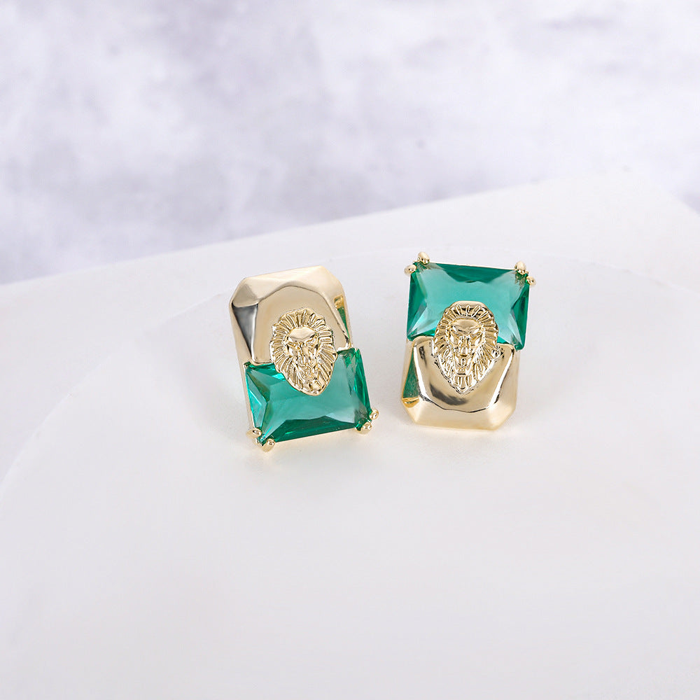 Geometric Lion Head Gold Plated CZ Copper Stud Earrings Wholesale