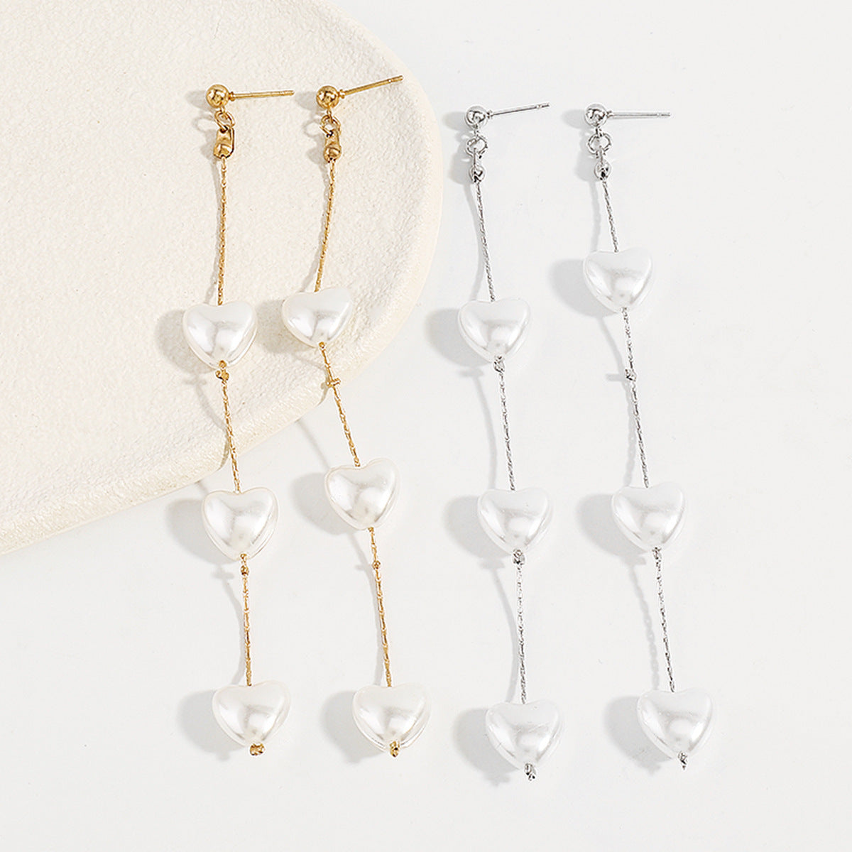 Designer Triple Heart Gold Silver Pearl Dangler Earrings For Women Bulk Main image