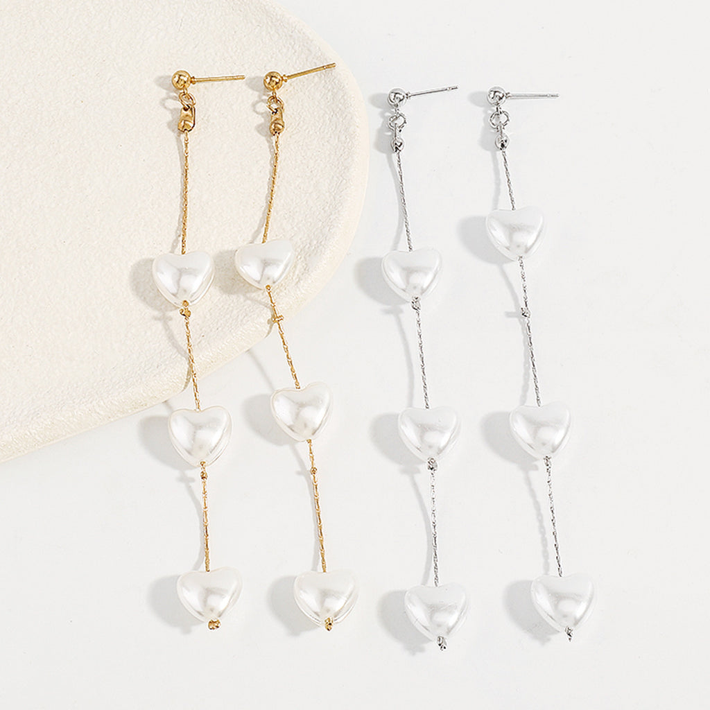 Designer Triple Heart Gold Silver Pearl Dangler Earrings For Women Bulk