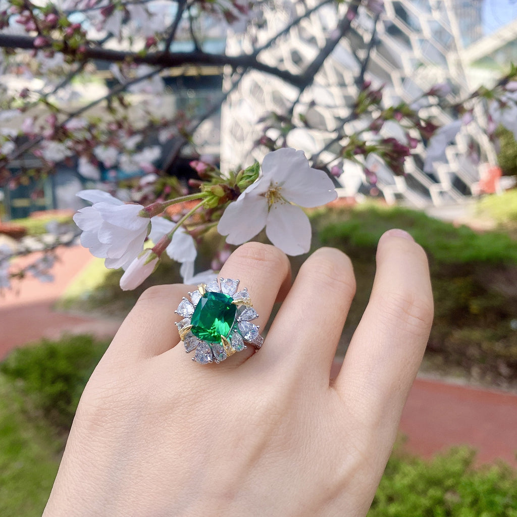 Cushion Drop Green Solitaire Silver Anti Tarnish Free Size Ring Bulk