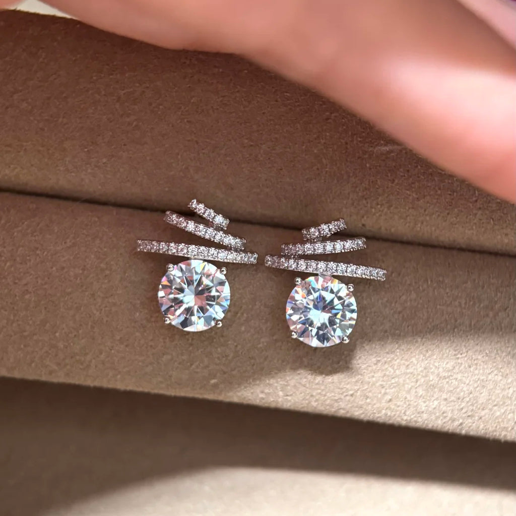 White Designer Layered Bar Round Silver CZ Copper Stud Earrings Bulk