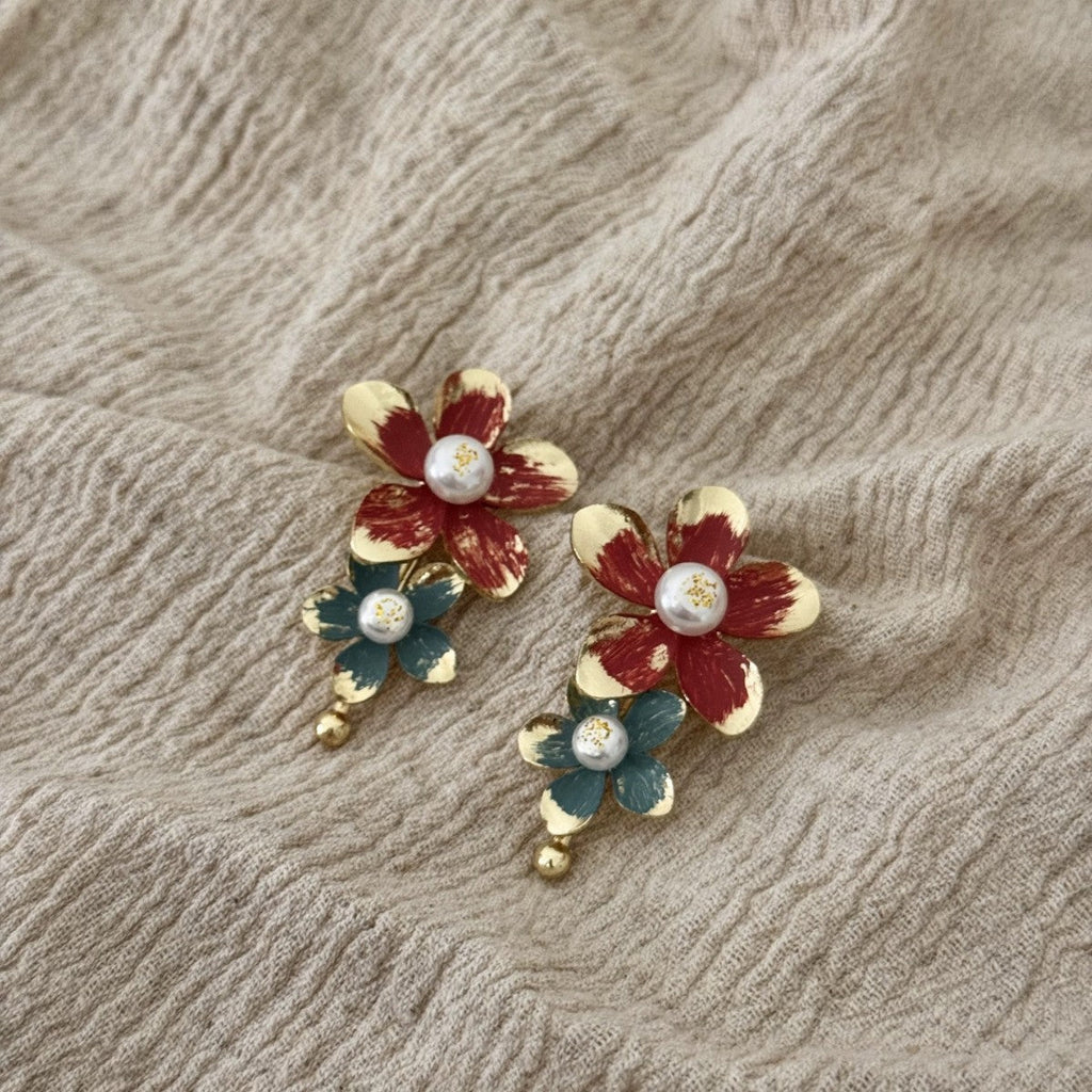 Red Blue Flower Gold Pearl Alloy Dangler Earrings For Women Bulk