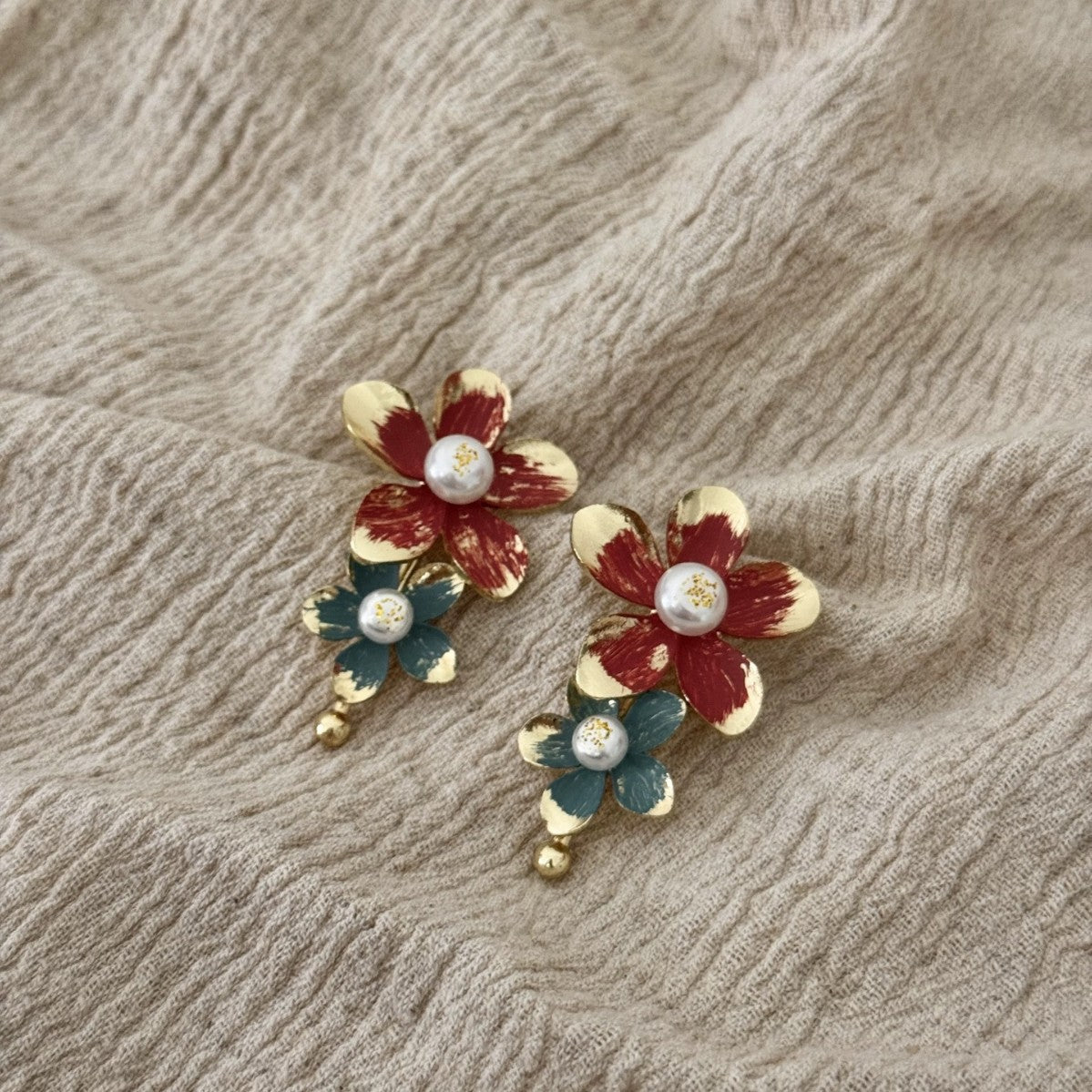Red Blue Flower Gold Pearl Alloy Dangler Earrings For Women Bulk