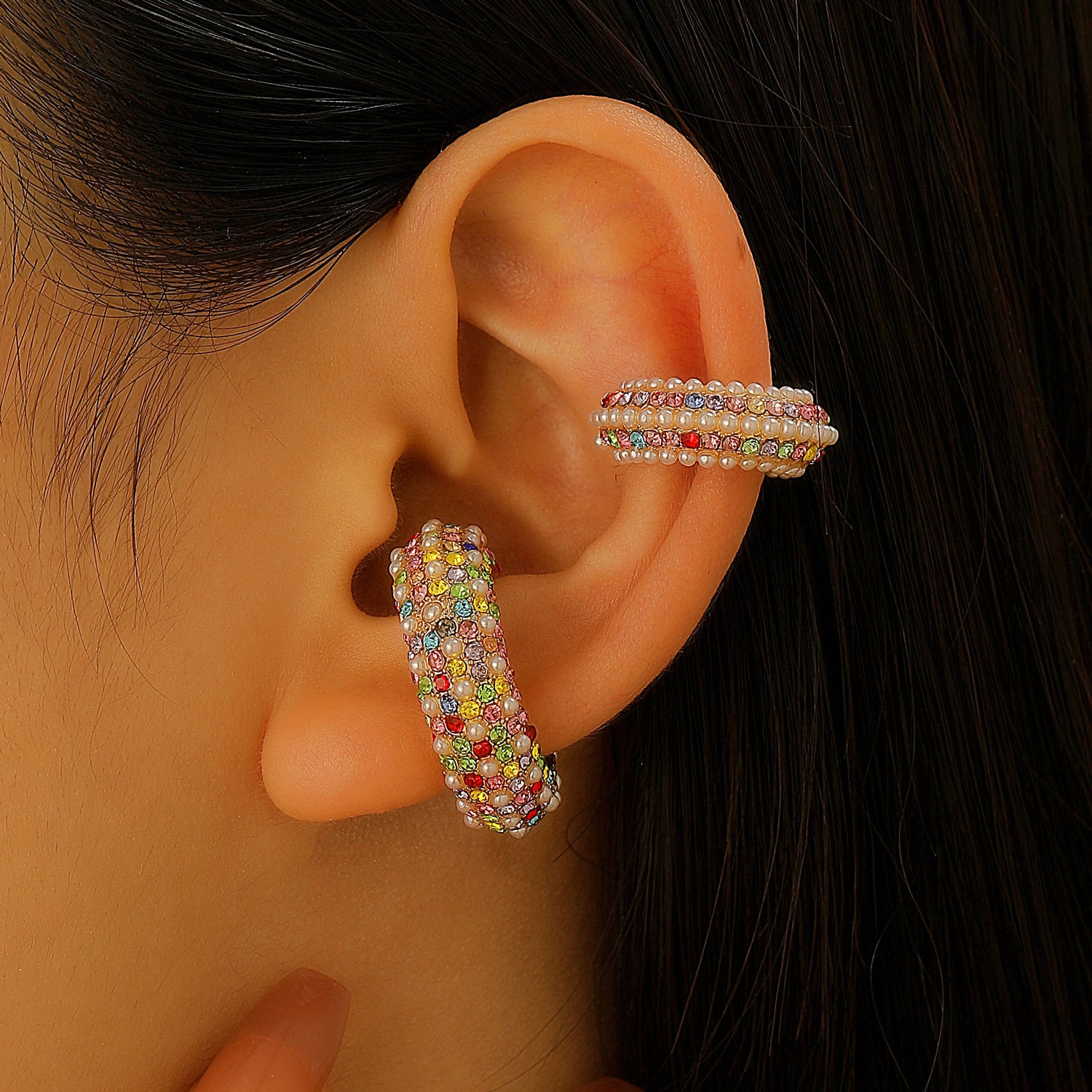 Cubic Zirconia Multi Gemstone 18K Gold Anti Tarnish Stud Ear Cuff Earring Pack Of 4 For Women