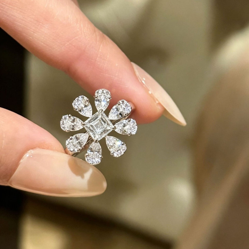 Pink Yellow White Flower Gold Cubic Zirconia Copper Adjustable Ring Bulk