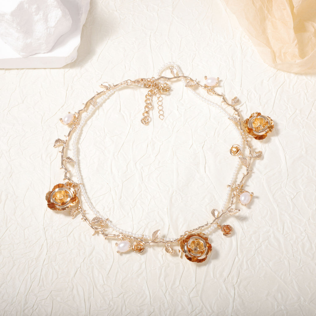 Flower Leaves 18K Gold Silver Pearl Dual Layer Necklace For Women