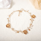 Flower Leaves 18K Gold Silver Pearl Dual Layer Necklace For Women
