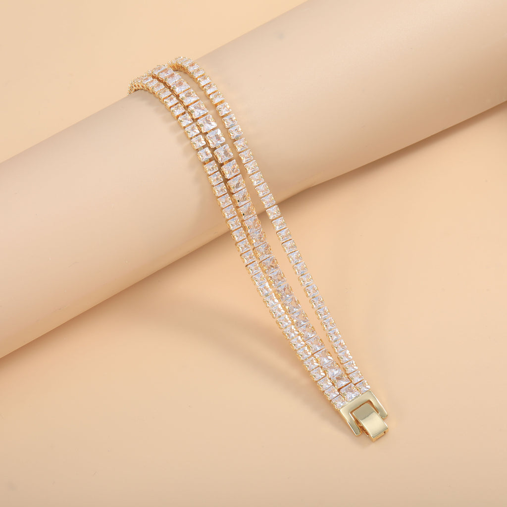 Bulk Layered Two Row Square Cut Gold Silver Plated CZ Copper Bracelet