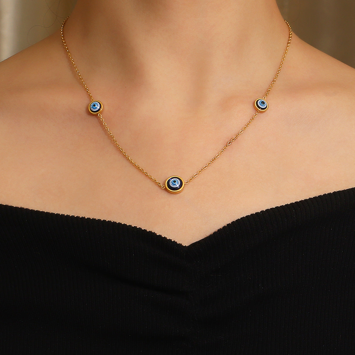 Evil Eye Blue Gold Stainless Steel Anti Tarnish Necklace Chain Bulk Secondary image