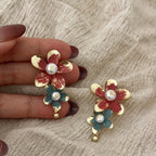 Red Blue Flower Gold Pearl Alloy Dangler Earrings For Women Bulk
