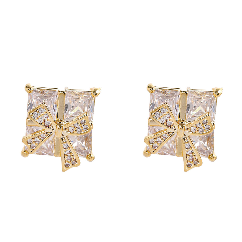 White Sparkling Bowknot Gold CZ Anti Tarnish Copper Stud Earrings Bulk