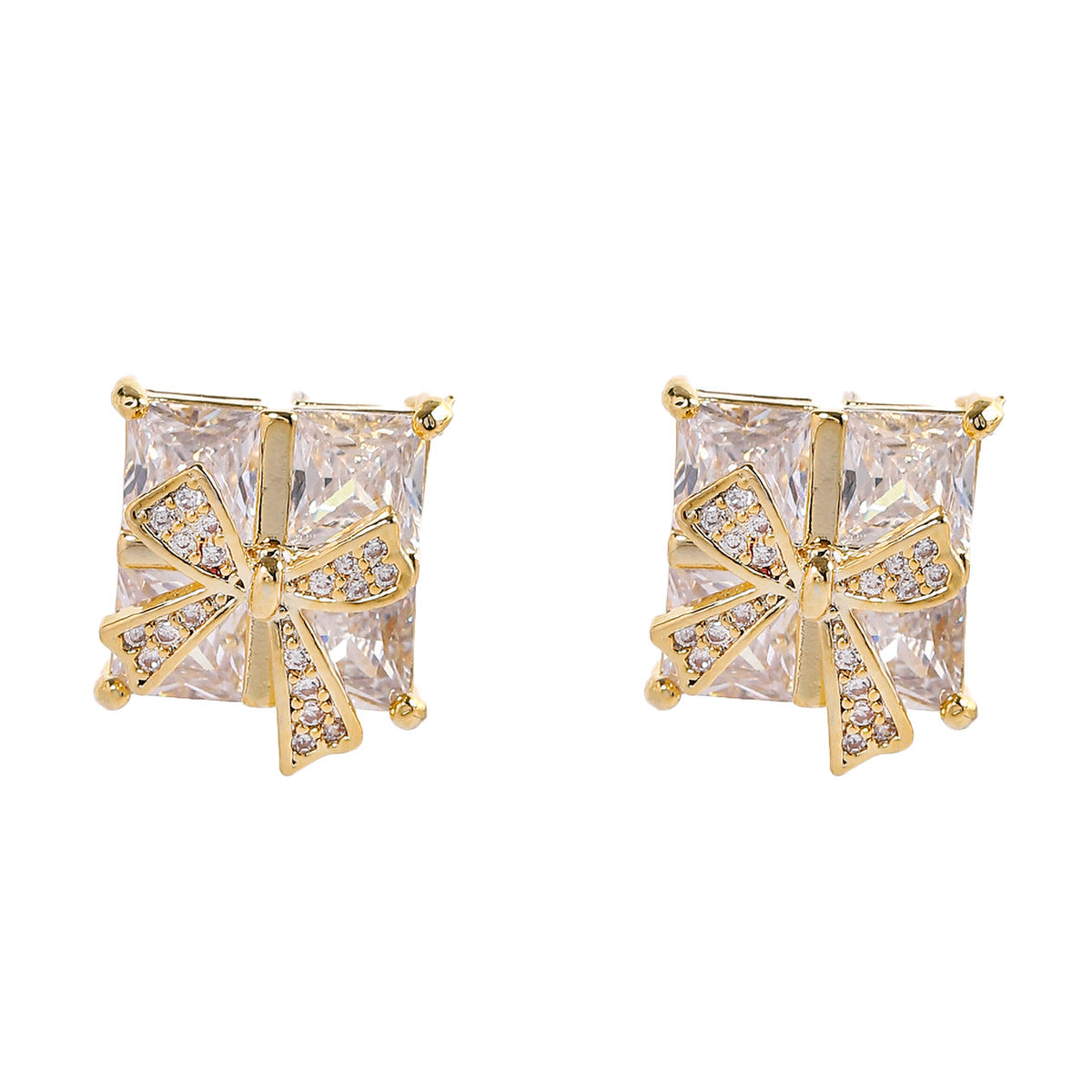 White Sparkling Bowknot Gold CZ Anti Tarnish Copper Stud Earrings Bulk