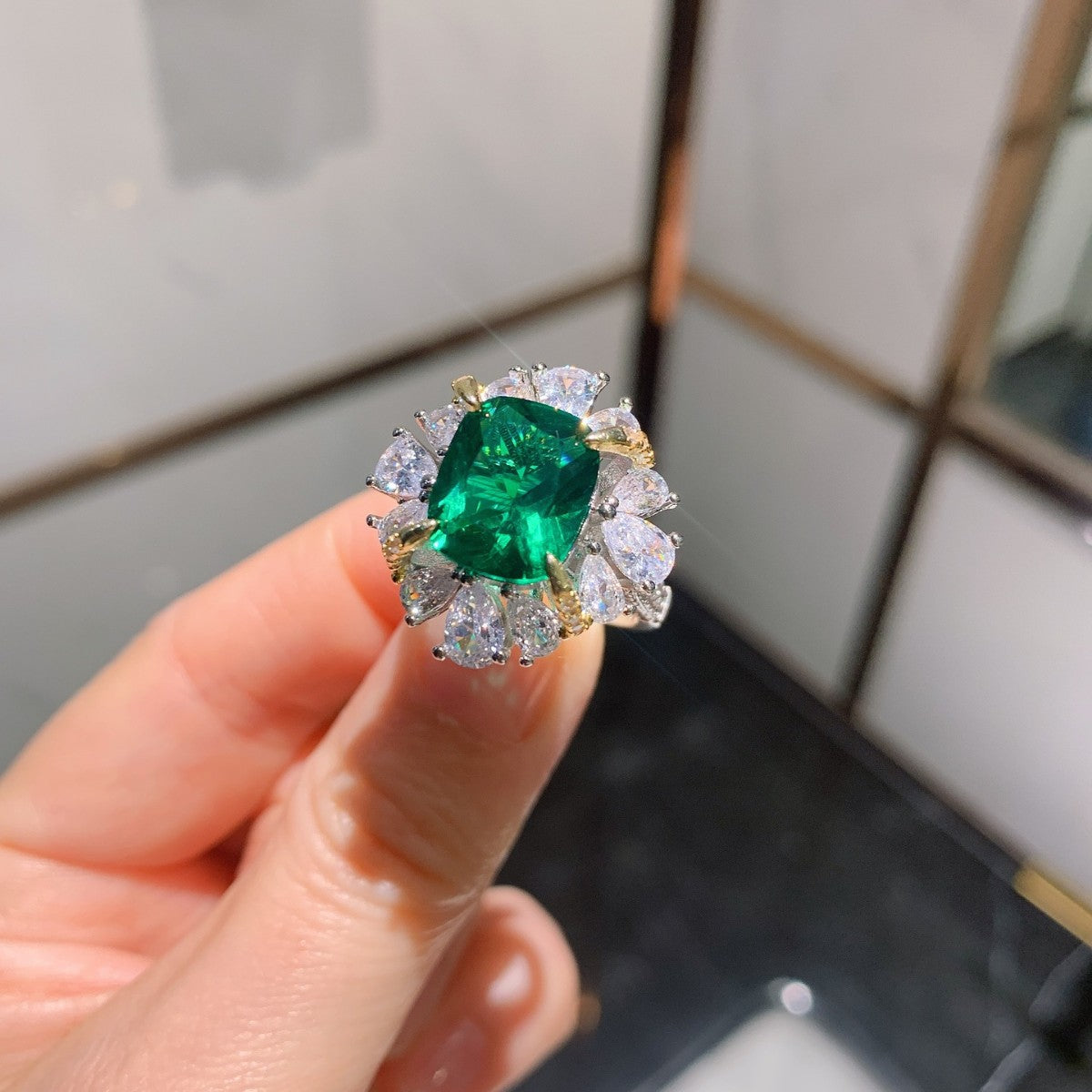 Cushion Drop Green Solitaire Silver Anti Tarnish Free Size Ring Bulk