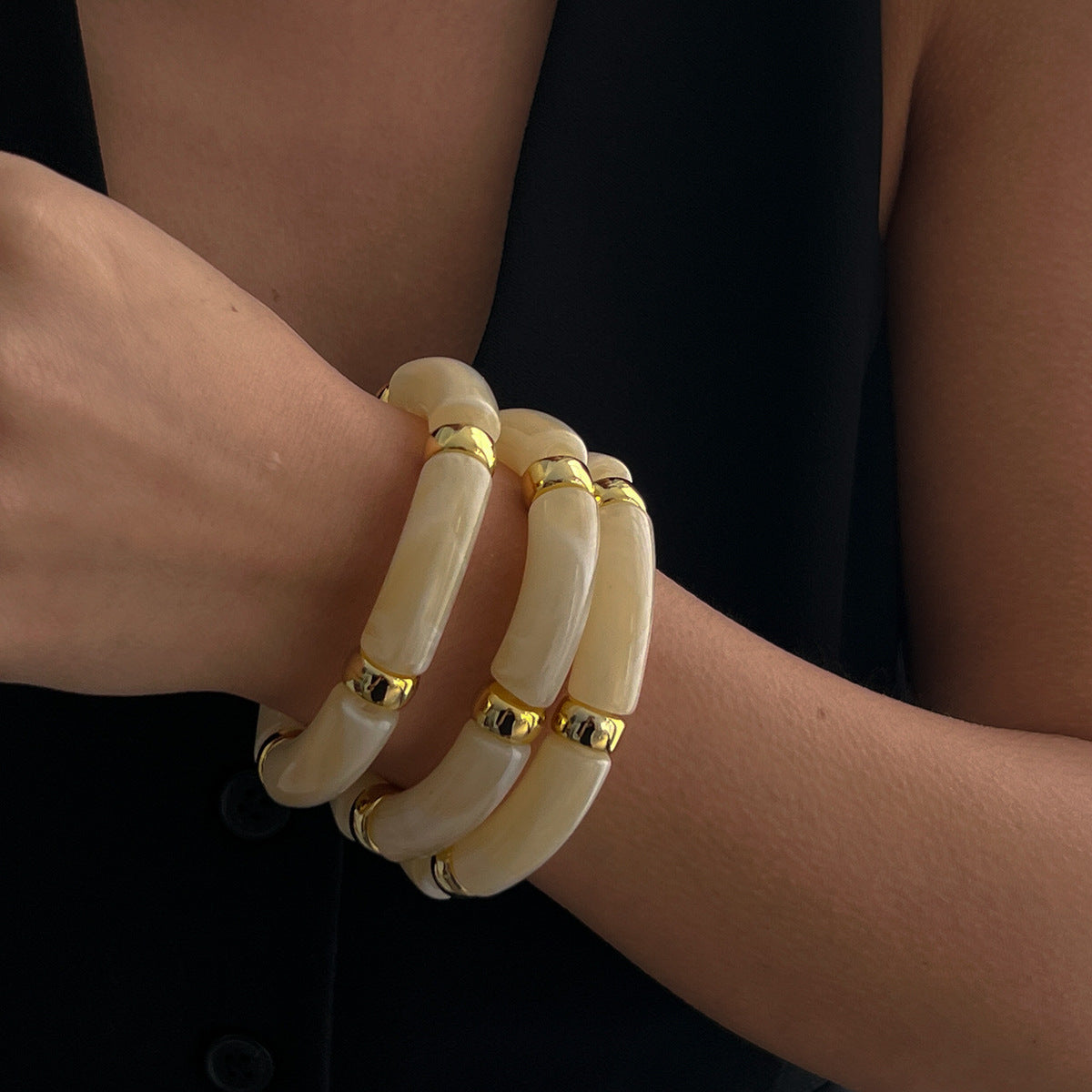 Glossy Acrylic Multi 18K Gold Stainless Steel Anti Tarnish Stackable Elastic Bracelet For Women