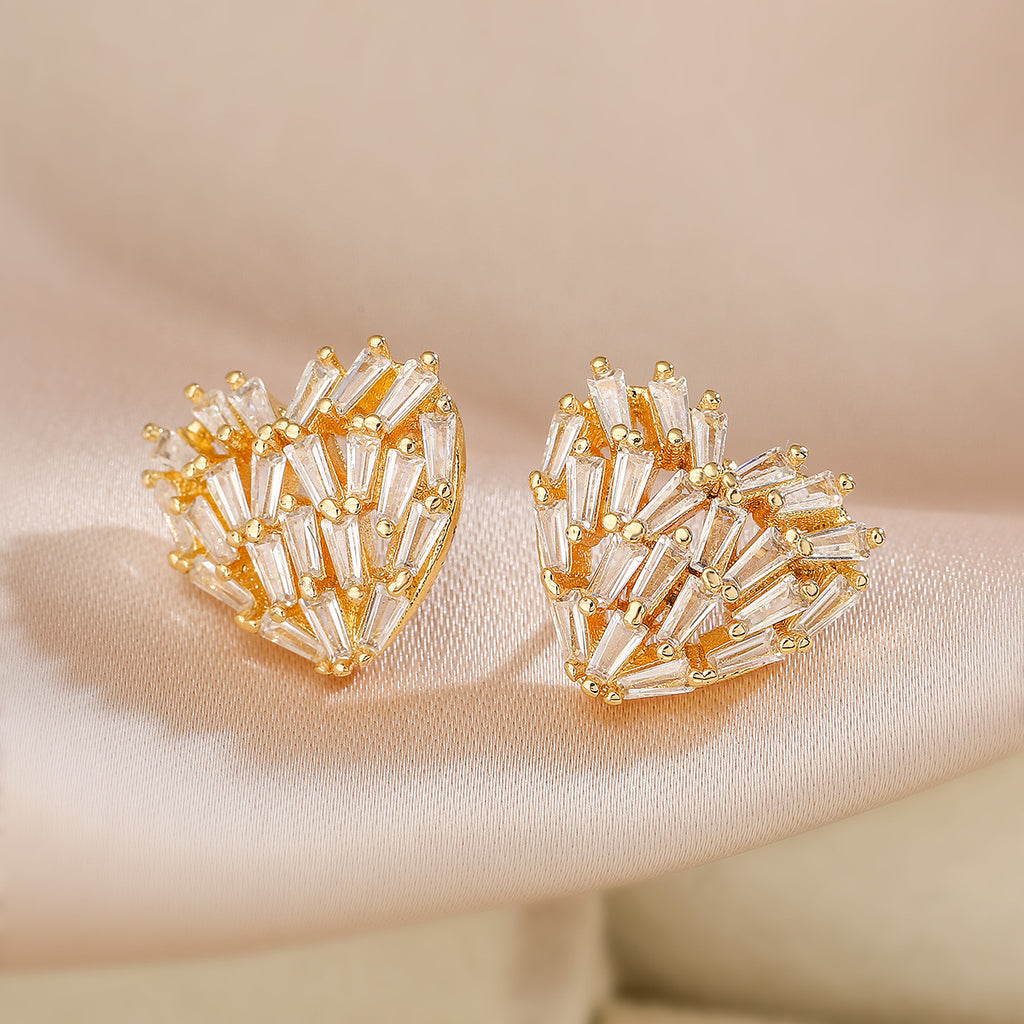 Heart Baguette Cubic Zirconia 18K Gold Anti Tarnish Stud Earring Bulk
