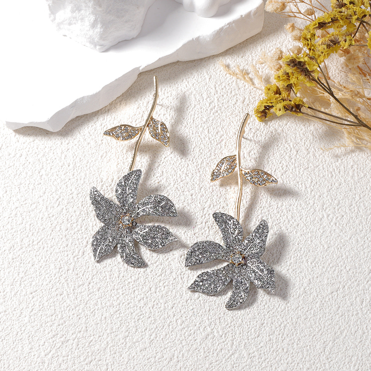 Flower Leaf 18K Gold Silver CZ Anti Tarnish Dangler Earring Bulk