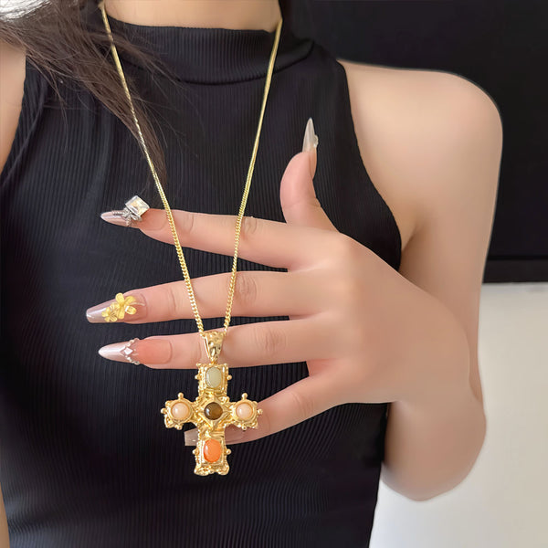 Designer Multi Color Stone Cross Pendant Gold CZ Copper Necklace Bulk Main image