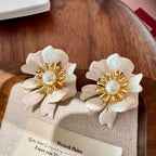 Designer Floral Gold Plated White Mother of Pearl Stud Earrings Bulk