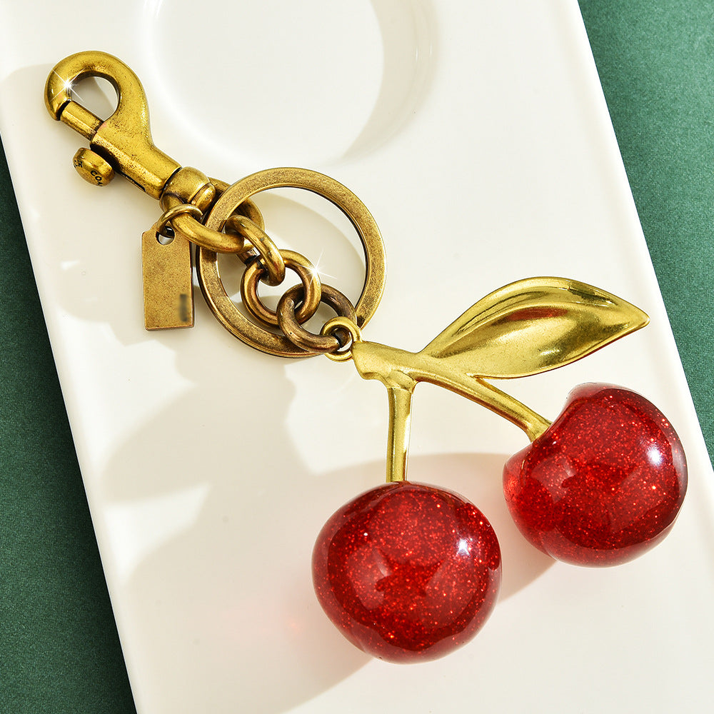 Cherry Antique Gold Plated Red Glitter Acrylic Keychain For Women