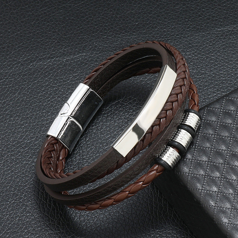Rope Ring Black Brown Stainless Steel Multi Layer Wrist Band Id Leather Bracelet For Men