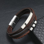Rope Ring Black Brown Stainless Steel Multi Layer Wrist Band Id Leather Bracelet For Men
