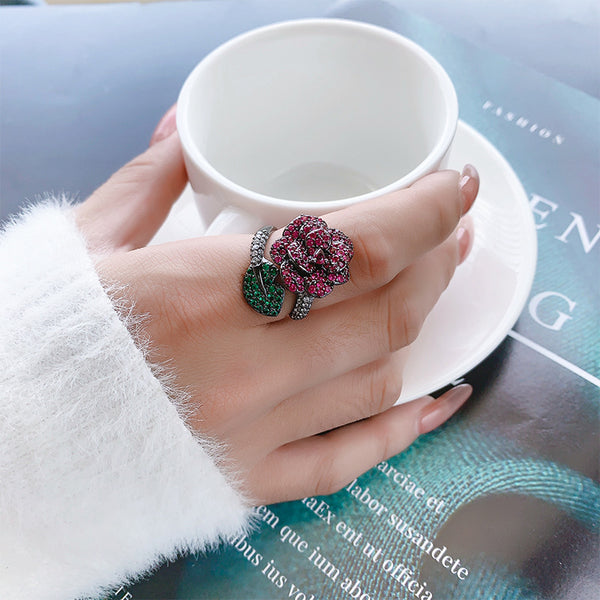 Flower Simulation Red Green Black Anti Tarnish Adjustable Ring Bulk Secondary image