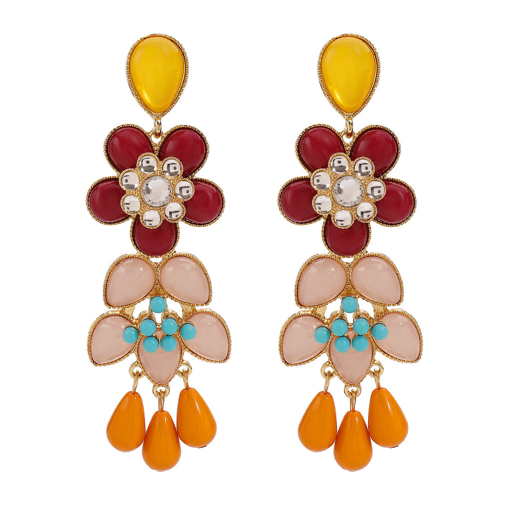 Multi Color Flower Teardrop Stones Gold Enamel Dangler Earrings Bulk