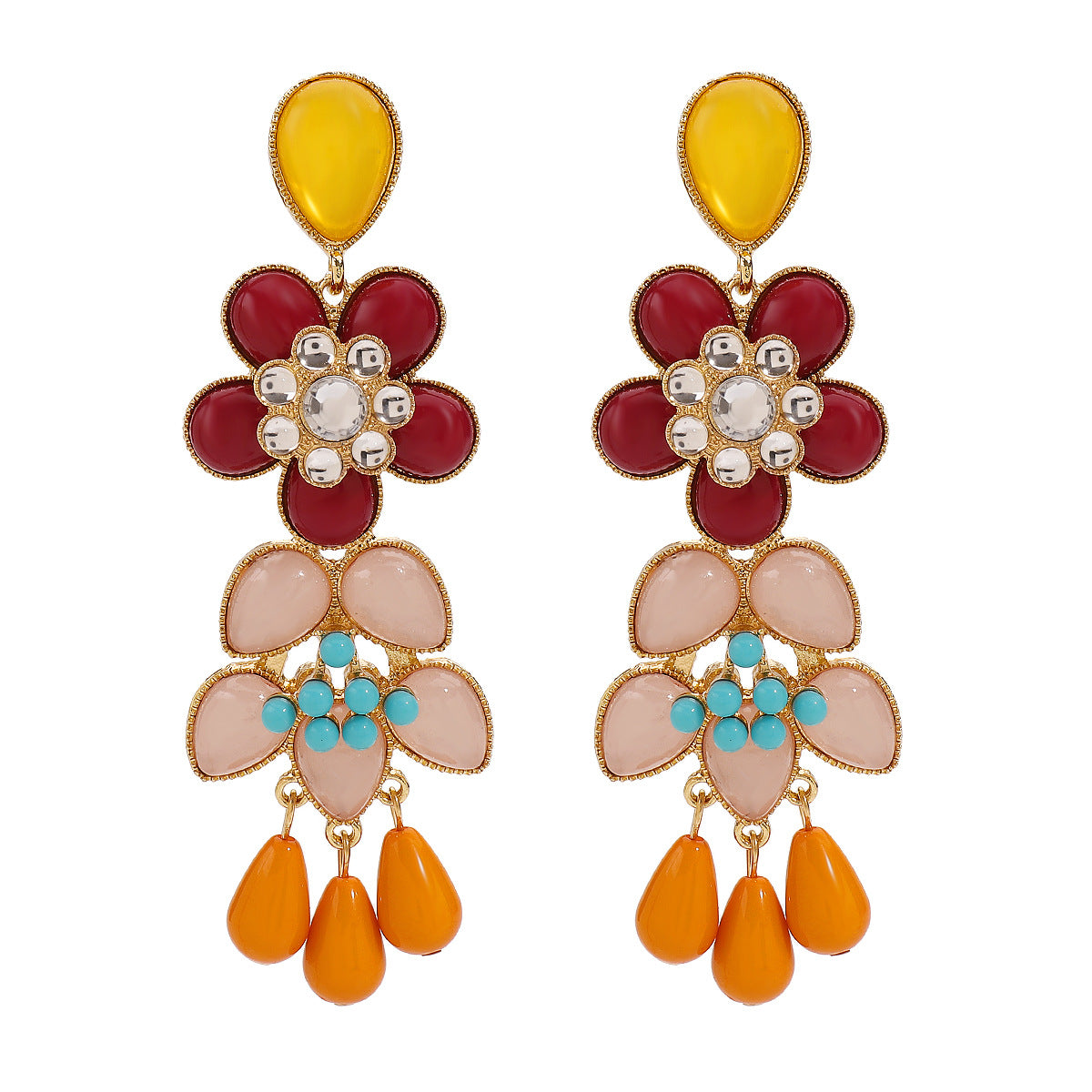 Multi Color Flower Teardrop Stones Gold Enamel Dangler Earrings Bulk