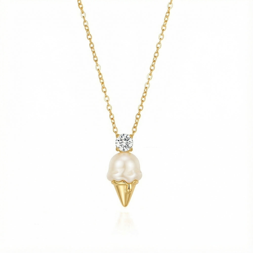 Trendy Ice Cream Charm Gold CZ Pearl Anti Tarnish Copper Necklace Bulk