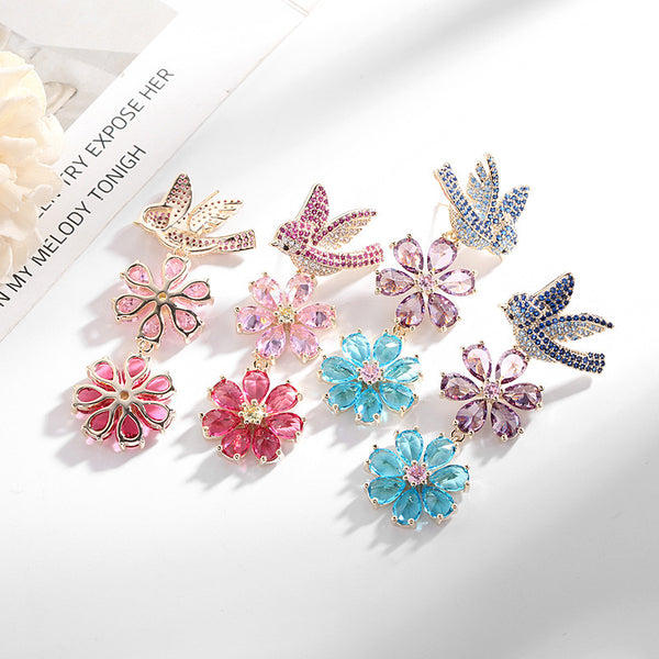 Floral Bird 18K Gold Pink Blue CZ Anti Tarnish Drop Earring Bulk Main image