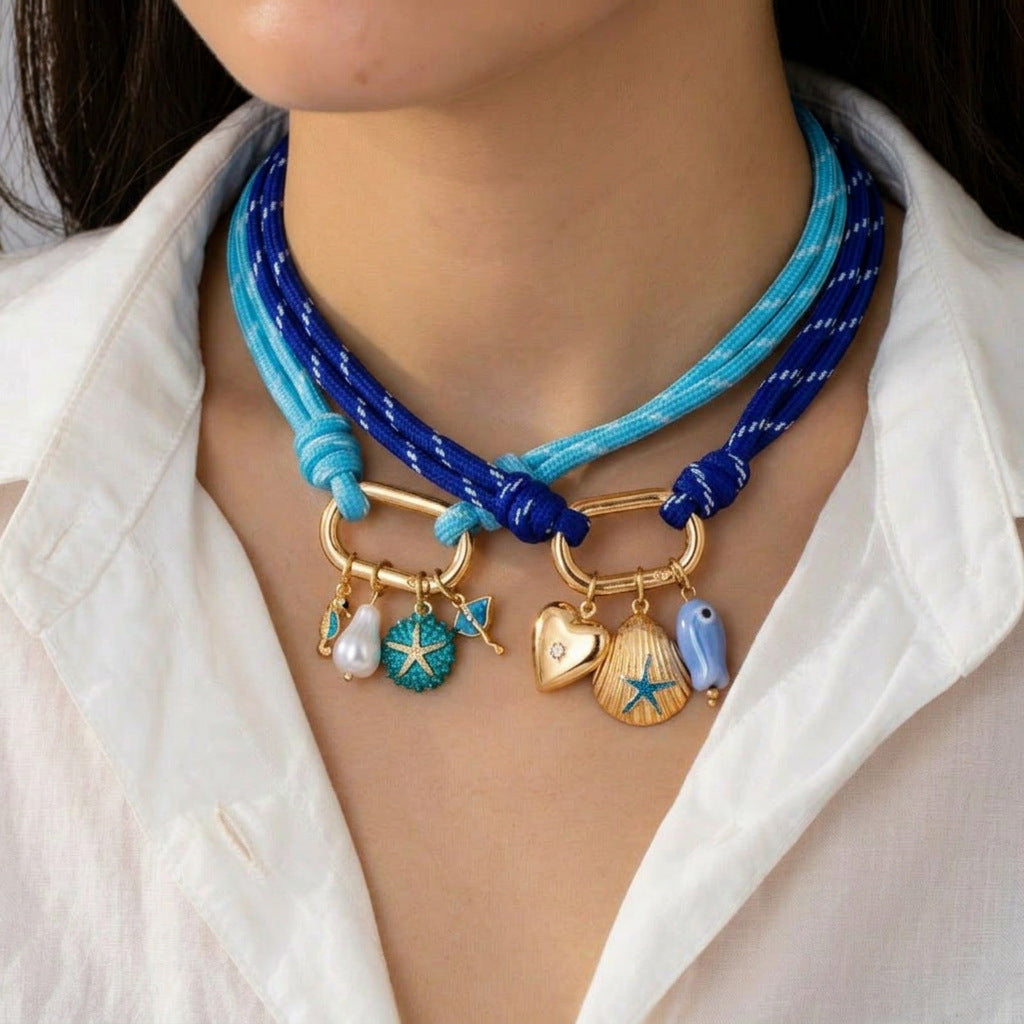 Trendy Coastal Style Blue Enamel Charm Gold Plated Fabric Necklace Bulk