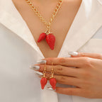 Luxury Strawberry Charm Gold Enamel Copper Necklace Earring Set Bulk