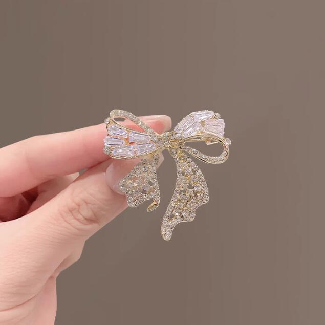 Gold Bow Cubic Zirconia Copper Anti Tarnish Brooch For Women Bulk  Main image