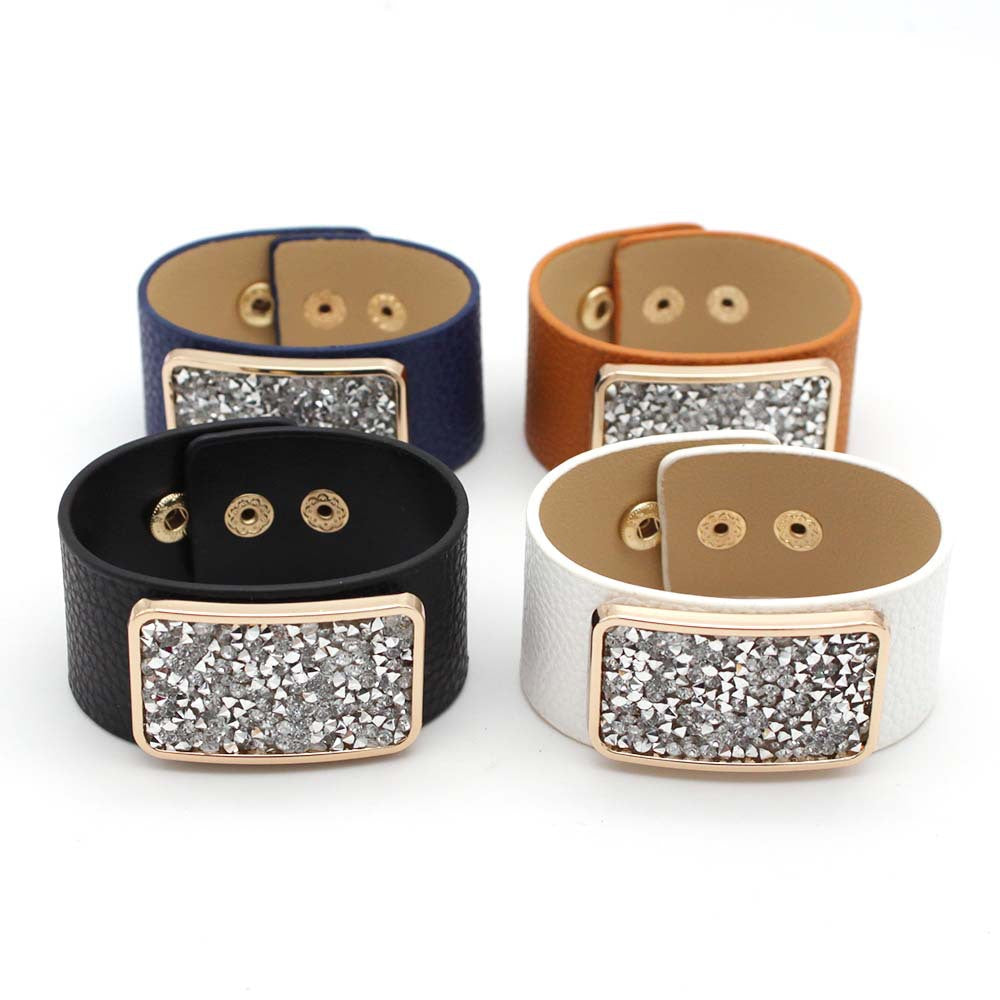 Rectangle CZ Rose Gold Anti Tarnish Wrist Band Leather Bracelet Bulk Main image